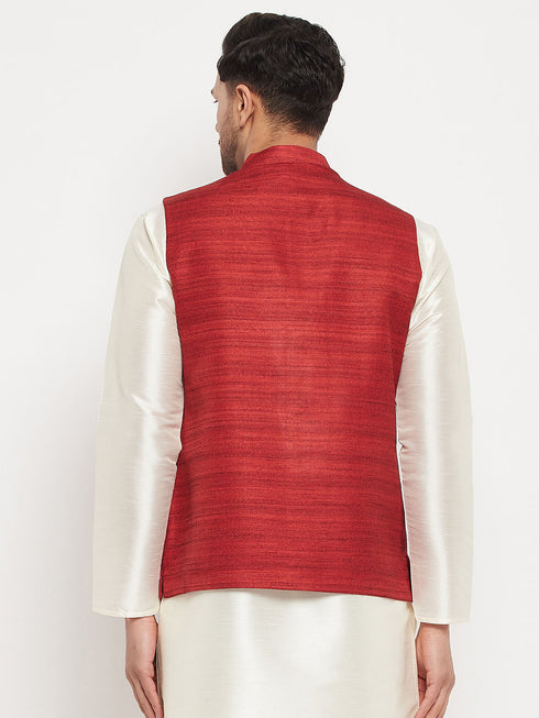 VASTRAMAY Men's Maroon Silk Blend Nehru Jacket